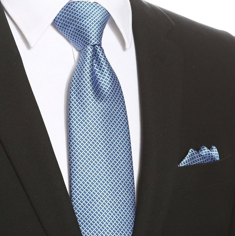 KissTies Mens Blue Tie Set Checkered Necktie Blue Ties + Pocket Square - Image 2